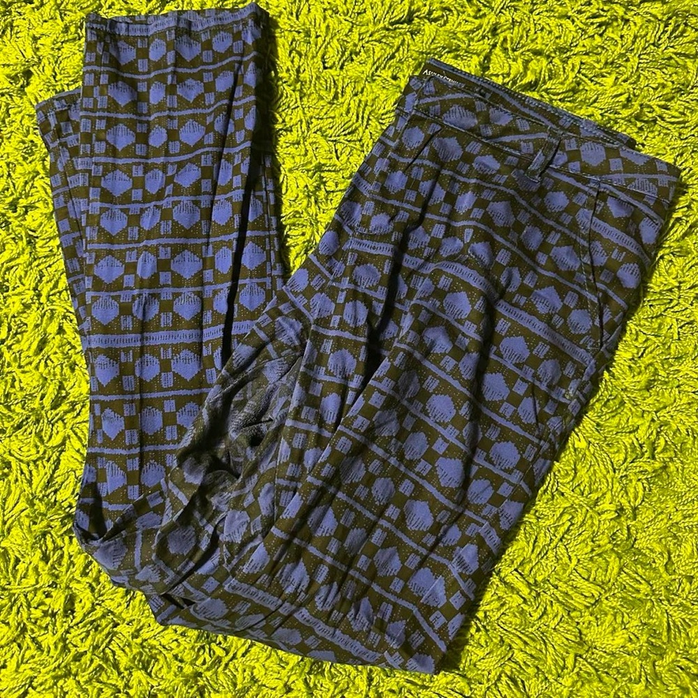 blue and black patterned pants